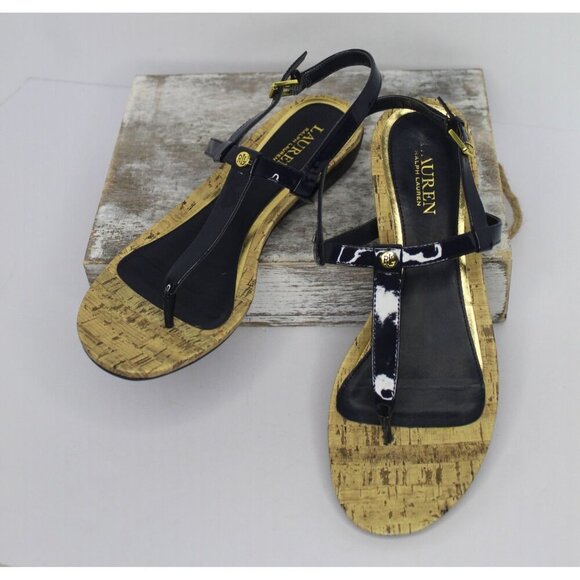 Lauren Ralph Lauren Women's Sandals Kya 10B Blue Faux Leather Ankle Straps Flats - Picture 1 of 10